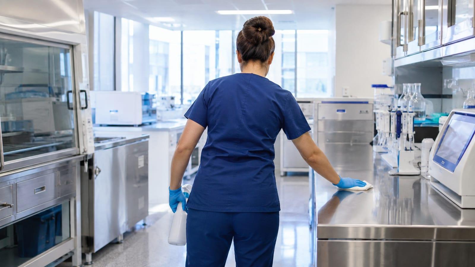 A cleaner in scrubs disinfecting a stainless steel counter in a clinical preparation area