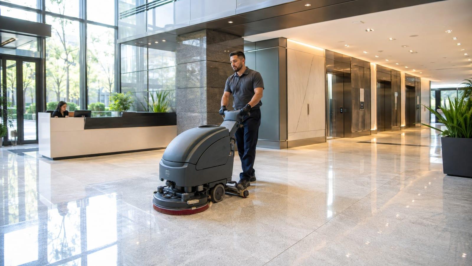 A cleaner operating a floor scrubbing machine across the polished floor of a commercial lobby