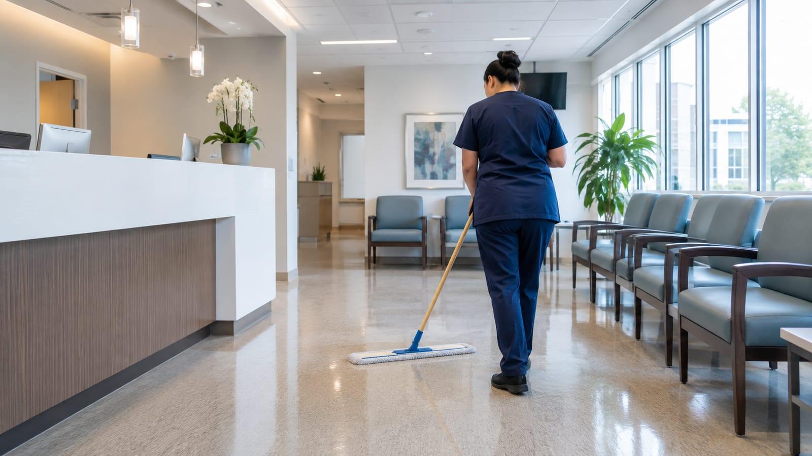 A cleaner mopping the floor of a medical clinic waiting room with a reception desk and rows of chairs