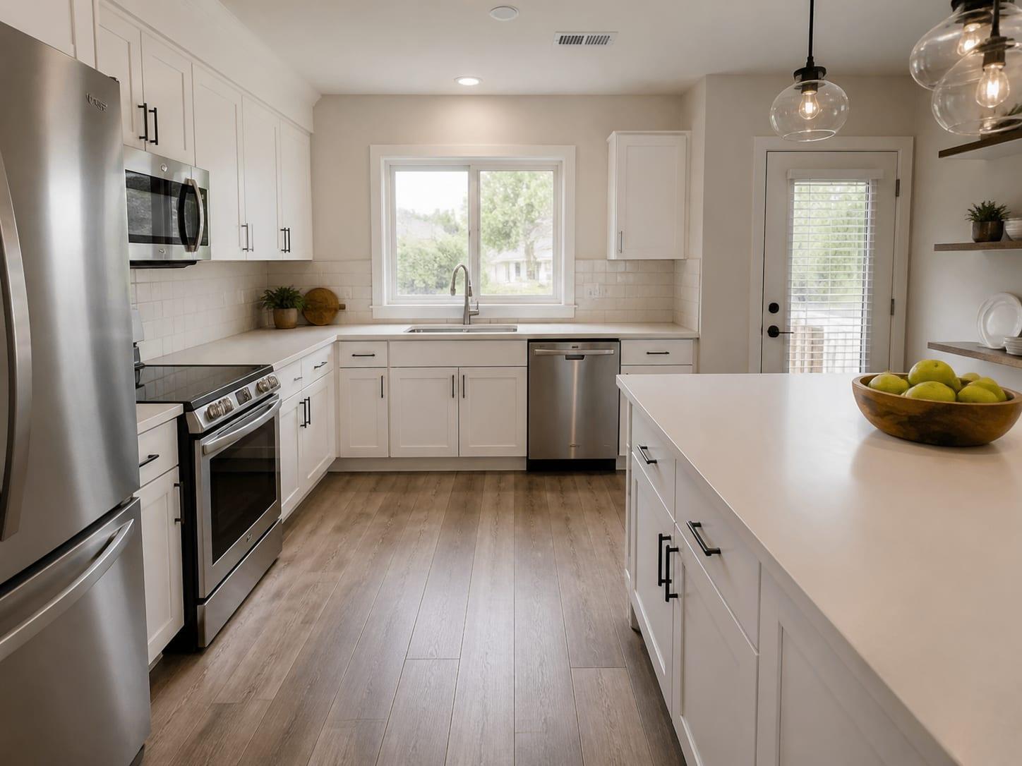 A bright white kitchen with stainless steel appliances and a clean quartz island