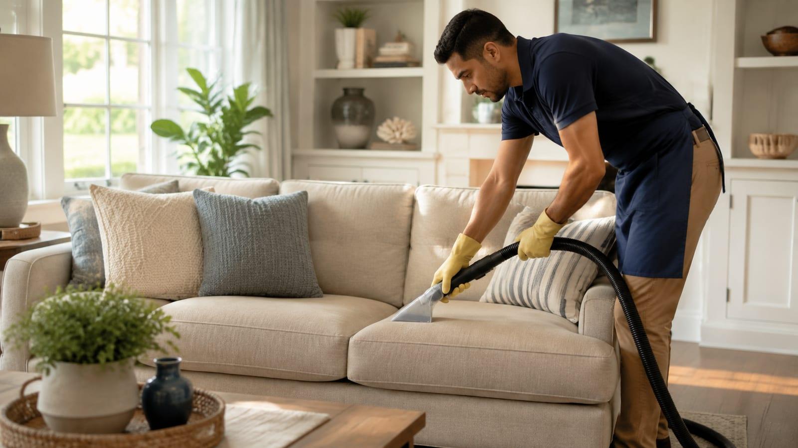 A cleaner using an upholstery extraction tool on a fabric sofa